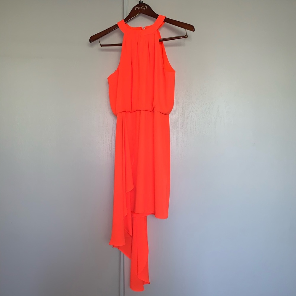 HALSTON Heritage Neon Orange Asymmetric Mini Dress